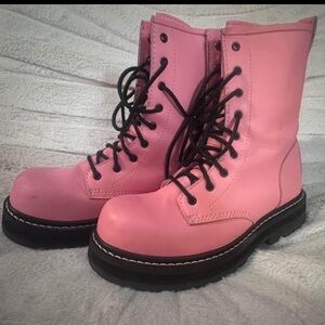 Pink Lace-Up Women's steel toe Boots
